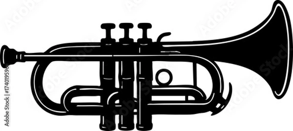 Fototapeta Silhouette of a trumpet with three valves and flared bell representing a brass wind instrument.