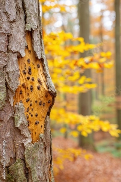Fototapeta Close up of autumn forest tree bark showcasing burnt wood colors, surrounded by vibrant yellow leaves and soft blurred background, capturing the essence of fall