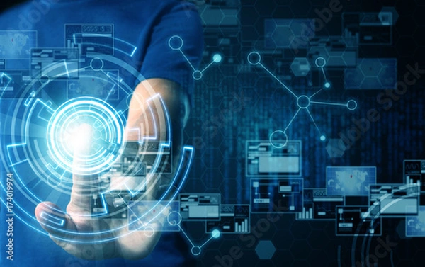 Obraz businessman press virtual screen