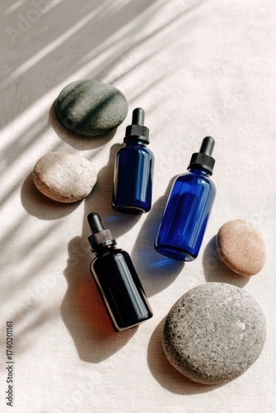 Fototapeta Minimalist skincare branding with blue haze, featuring elegant glass bottles and smooth stones, creating a serene and calming atmosphere for beauty products