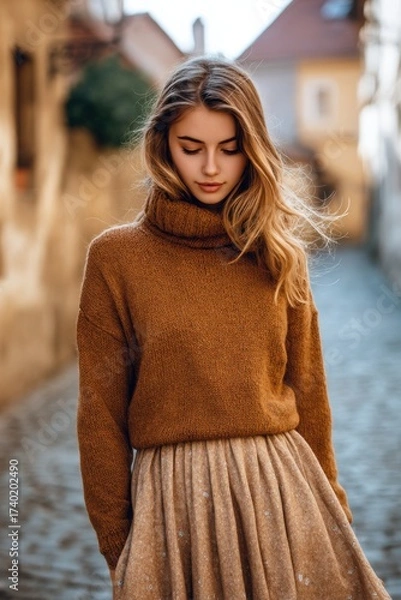 Fototapeta Stylish woman in a burnt wood turtleneck sweater stands on a cobblestone street, showcasing a blend of fashion and urban charm, with soft sunlight illuminating her features