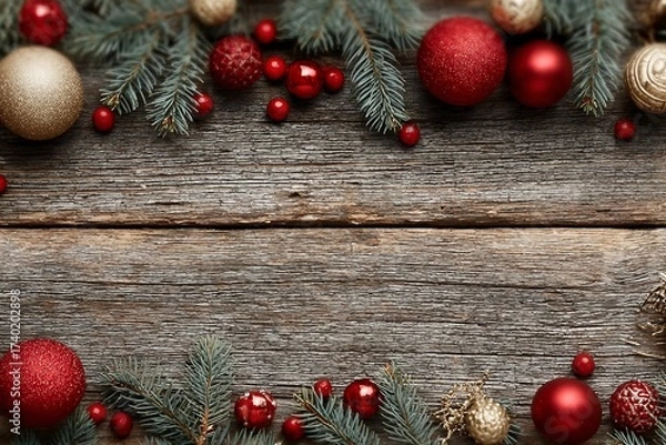 Fototapeta Fir-tree branches with christmas decorations on wooden table