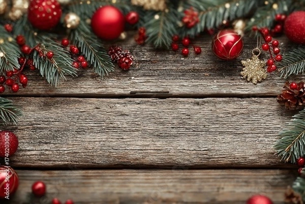Fototapeta Fir-tree branches with christmas decorations on wooden table