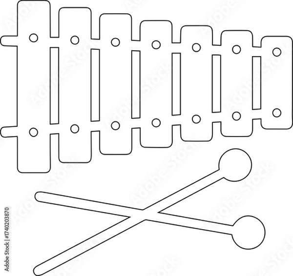 Fototapeta Xylophone outline silhouette with bars and mallets in linear design.
