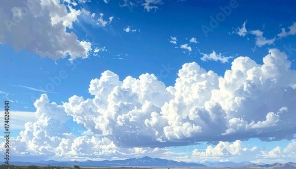 Fototapeta Beautiful sky with fluffy clouds over a landscape with mountains