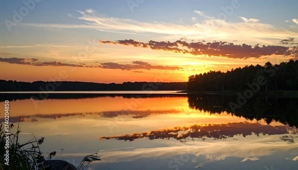 Fototapeta Beautiful Sunset Reflection Over a Tranquil Lake with Trees in the Distance