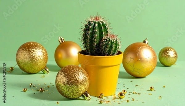 Fototapeta Christmas Cactus with Baubles and Golden Sparkle on a Green Background
