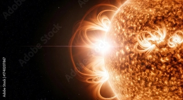 Fototapeta A stunning closeup of the sun showcasing its magnetic field lines and solar flares, revealing the dynamic and powerful nature of our star