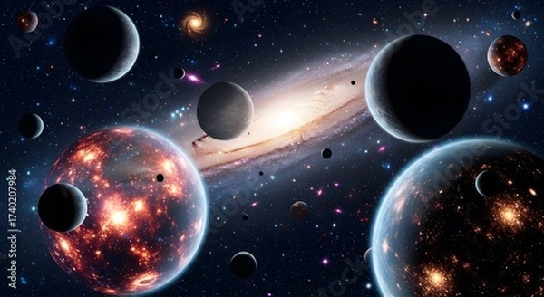 Fototapeta A mesmerizing cosmic ballet unfolds as planets dance amidst a vibrant galaxy, their celestial bodies illuminated by the radiant glow of distant stars