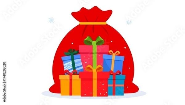 Obraz Christmas gifts overflowing from a red sack, vector illustration on white background