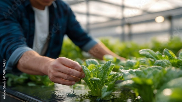 Fototapeta Gardener’s hands adjusting a greenhouse irrigation system showcase modern farming technology, sustainability, climate control, and efficient agricultural innovation. three-quarter wide angle,