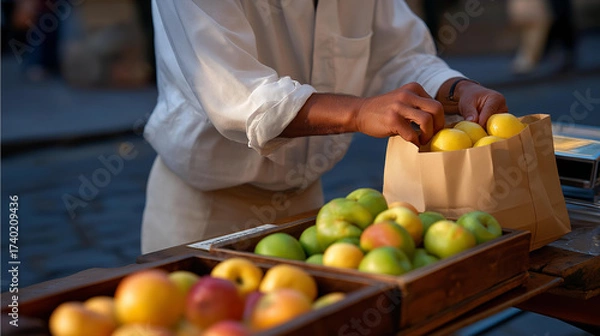Fototapeta A shopping day unfolds as a vendor arranges fruit on a market stall, its wooden counter scarred. A paper bag, its rim folded, holds apples, their skins glossy, and a metal scale, its surface