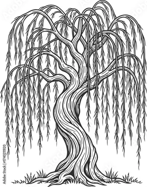 Fototapeta Weeping willow tree illustration with detailed line work