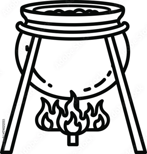 Fototapeta Simple line art of a cauldron over a fire on white background