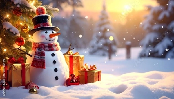 Fototapeta Christmas Snowman with Gifts Beside a Decorated Tree in a Winter Wonderland