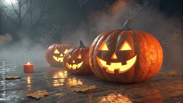 Fototapeta Halloween backdrop with pumpkins lanterns glowing jack o lantern spooky scene dark minimal clean template for flyer poster banner advertising branding with copy space for text message or business logo