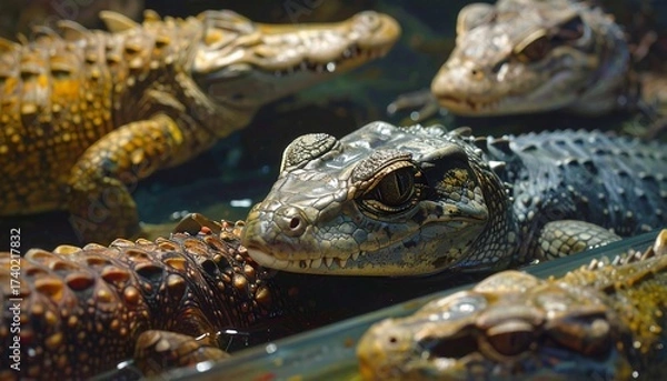 Fototapeta Close-up of multiple crocodiles submerged in water, showing detailed skin