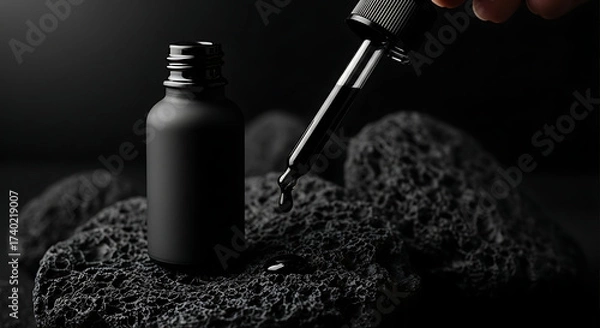 Fototapeta Dropping Dark Serum from Pipette onto Black Stone Surface in Minimalist Studio Environment