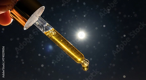 Fototapeta Captivating Nighttime Serum Droplet, Close-Up View, Cosmic Background, Photography, Serene Atmosphere