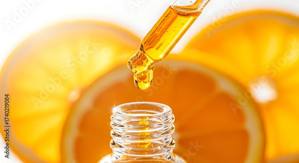Fototapeta Captivating Close-Up of Orange Essential Oil Dropper Over Citrus Slices in Bright, Inviting Setting