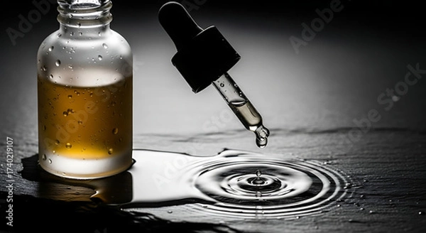 Fototapeta Liquid Droplet from Dropper, Studio Setting, Photography, Dramatic Contrast, Close-Up View, Serenity
