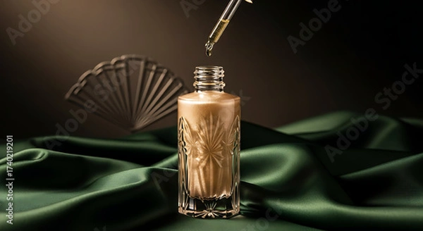 Fototapeta Elegant Dropper Bottle with Gold Elixir on Green Silk, Product Photography, Studio Environment