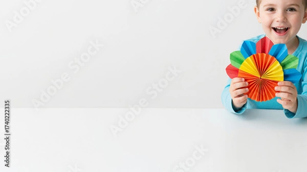 Fototapeta Smiling child making paper turkey craft on white table background (copy space)