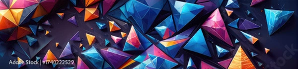 Fototapeta Vibrant abstract crystal pyramids and faceted gems in a dynamic deep space. A background of multicolored triangles.