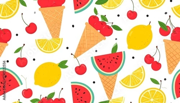 Fototapeta Colorful and Fun Summer Pattern with Fruits, Ice Cream Cones, and Dots