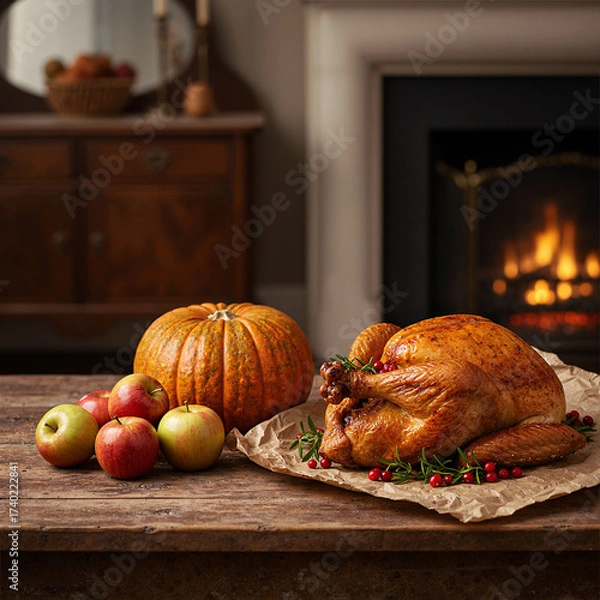 Fototapeta Roasted turkey on craft paper with pumpkin and apples on wooden table by fireplace