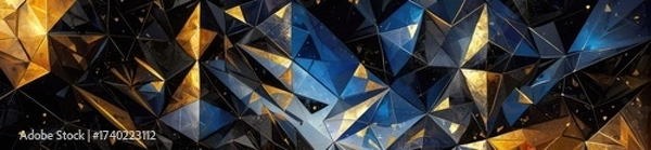 Fototapeta Abstract dark blue and gold geometric background with sparkling jewel facets and stars. A background of multicolored triangles.
