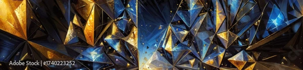 Fototapeta Abstract dark blue and gold geometric background with sparkling jewel facets and stars. A background of multicolored triangles.