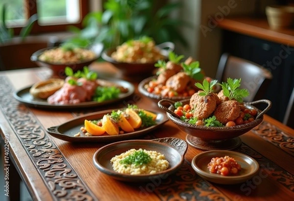 Fototapeta Colorful Local Cuisine Displayed on Engraved Wooden Table Garnished with Fresh Herbs and Exotic Ingredients