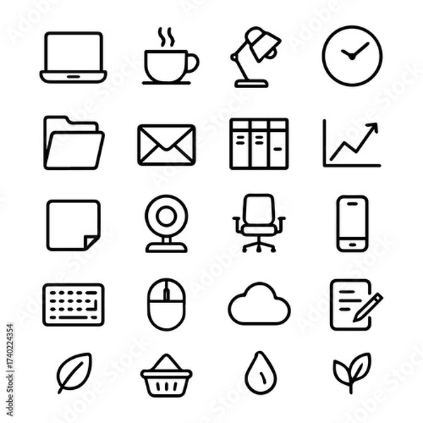 Obraz Black office icons set for business and telework illustrations