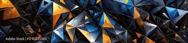 Fototapeta Abstract dark blue and gold geometric background with sparkling jewel facets and stars. A background of multicolored triangles.