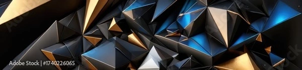 Fototapeta Sharp abstract low poly pyramids in dark metallic tones with glowing blue and orange accents. A background of multicolored triangles.
