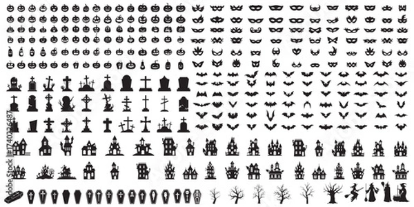 Fototapeta Big set of silhouettes of Halloween on a white background. Vector illustration