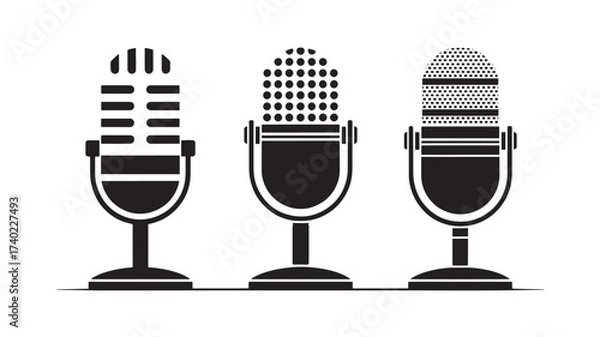 Fototapeta Set of retro microphone icons vintage broadcast equipment in flat black and white vector style perfect for podcasting or music production
