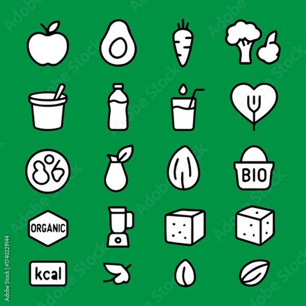Obraz Filled black icons set of healthy food on green background for nutrition visuals