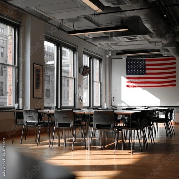 Fototapeta Interior of conference room with american flag. 3D rendering
