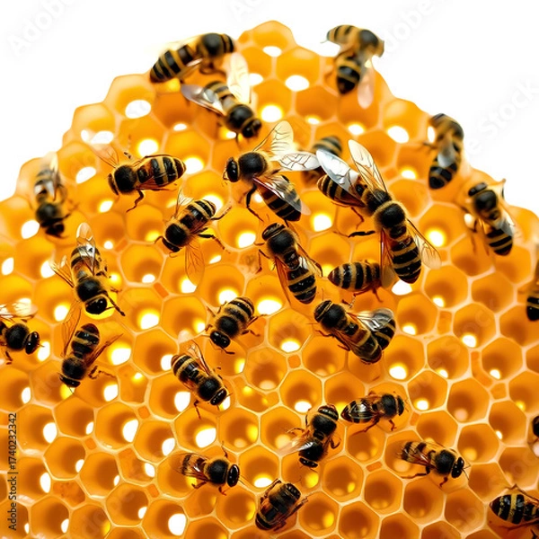 Fototapeta Photo of bees on honeycomb isolated on transparent background