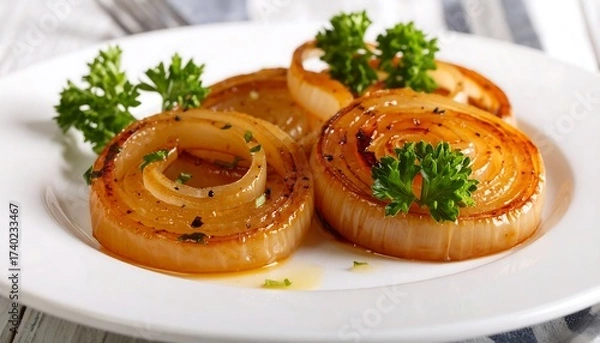 Fototapeta Delicious caramelized onion rings with parsley garnish on a white plate