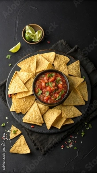 Fototapeta Tortilla Chips and Salsa on a black background for cinco de mayo