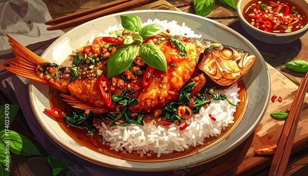 Fototapeta Delicious fried fish with rice, chili sauce, and basil, a culinary delight
