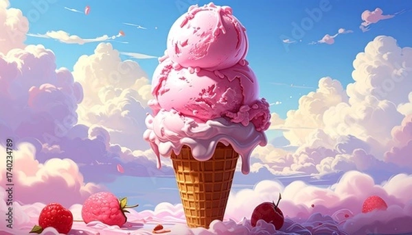 Fototapeta Delicious and dreamlike ice cream cone against a sky full of clouds