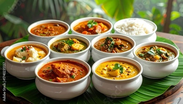 Fototapeta Delicious Indian Cuisine: A Colorful Array of Dishes with Rice on a Banana Leaf