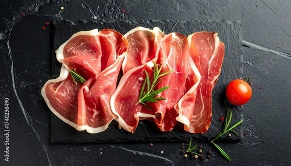 Fototapeta Delicious Slices of Prosciutto on a Black Plate with Rosemary and Tomato