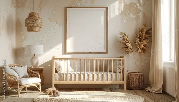 Fototapeta Cozy and Modern Nursery Interior Design with Crib and Empty Frame