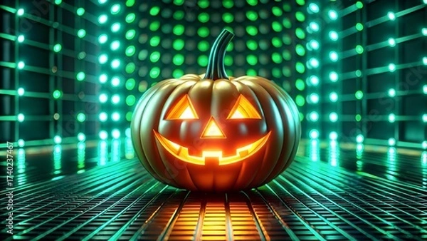 Fototapeta Spooky Halloween pumpkins glowing neon metallic jack o lantern faces background modern dark atmosphere minimal design template for flyer poster banner advertising branding with copy space for text