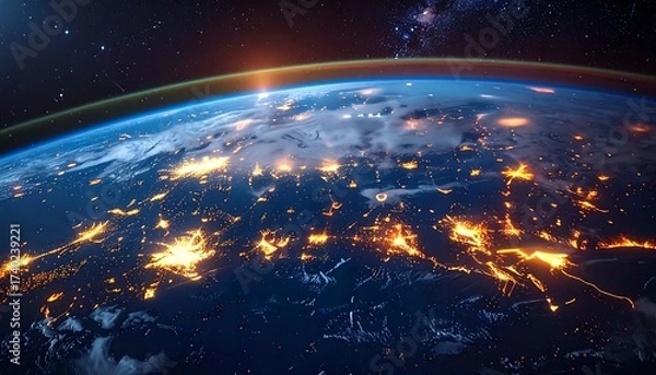 Fototapeta Earth at night from space with city lights and stars in the background
